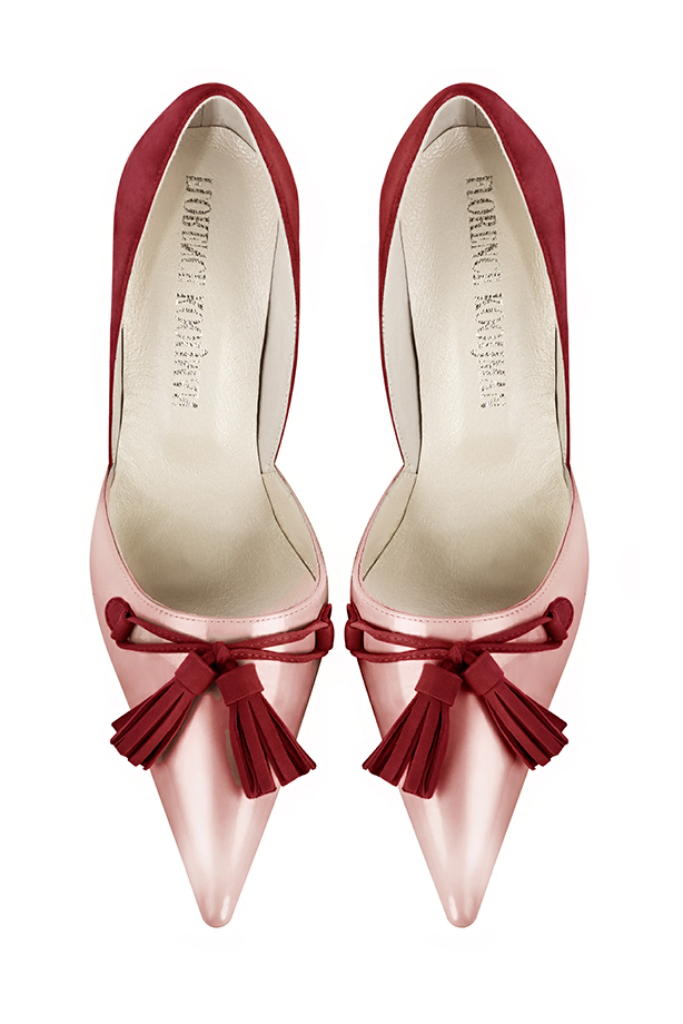 Powder pink and cardinal red women's open arch dress pumps. Pointed toe. High slim heel. Top view - Florence KOOIJMAN